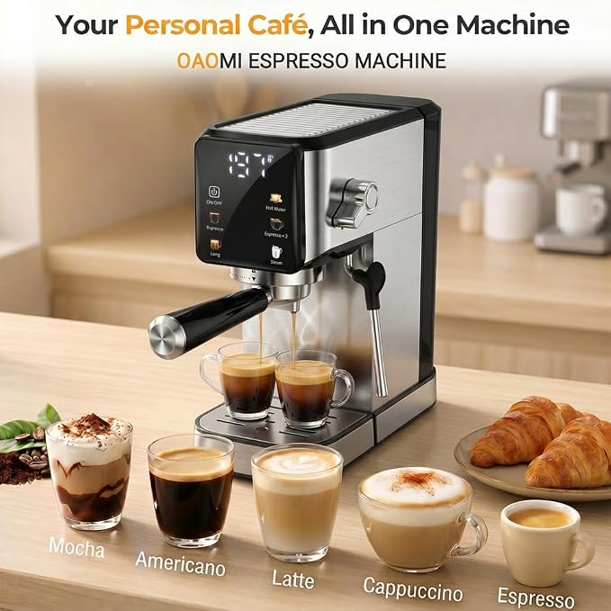 Espresso Machine 20 Bar, 1350W Expresso Coffee Machines with Milk Frother,Stainless Steel Espresso Maker with 39oz Removable Water Tank for Cappuccino, Latte(Silver)
