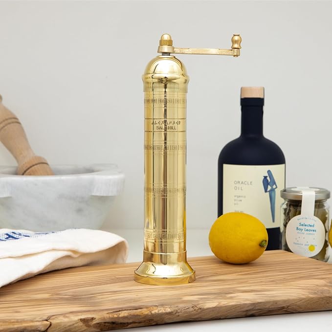 Alexander Home Original Greek Salt Mill, 9-Inch Brass – European Manual Salt Grinder, Refillable, with Polishing Cloth