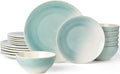 Famiware Glacier Stoneware Dinnerware Sets, 18-Piece Plates and Bowls Set for 6, Reactive Glaze Dishes, Everyday & Formal Use, Dishwasher/Microwave Safe, Chip/Scratch Resistant, Two-Color Glazed, Aqua