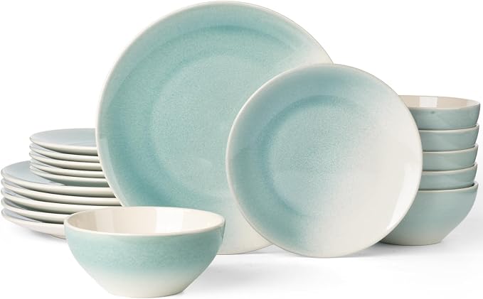 Famiware Glacier Stoneware Dinnerware Sets, 18-Piece Plates and Bowls Set for 6, Reactive Glaze Dishes, Everyday & Formal Use, Dishwasher/Microwave Safe, Chip/Scratch Resistant, Two-Color Glazed, Aqua