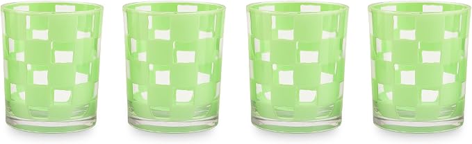 MACKENZIE-CHILDS Set of 4 Acrylic Tumblers, Open Tumbler Cups, Acrylic Cups, 14 Ounces, Green Check