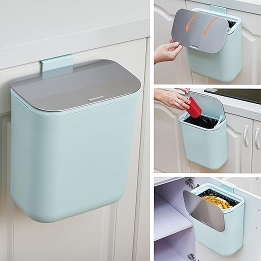 Hanging Kitchen Trash Can with Lid - 2.4 Gallon Small Compost Bin for Cabinet Door, Under Sink - Odor-Sealing Stainless Steel Top Food Waste Bin for RV, Bathroom, Office - Indoor Recycling Bin