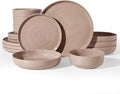 16-Piece Stoneware Dinnerware Sets for 4 with Pasta Bowls – Speckled Glaze with Spiral Design, Coupe Plates and Bowls - Chip & Scratch Resistant, Microwave & Dishwasher Safe, Brown