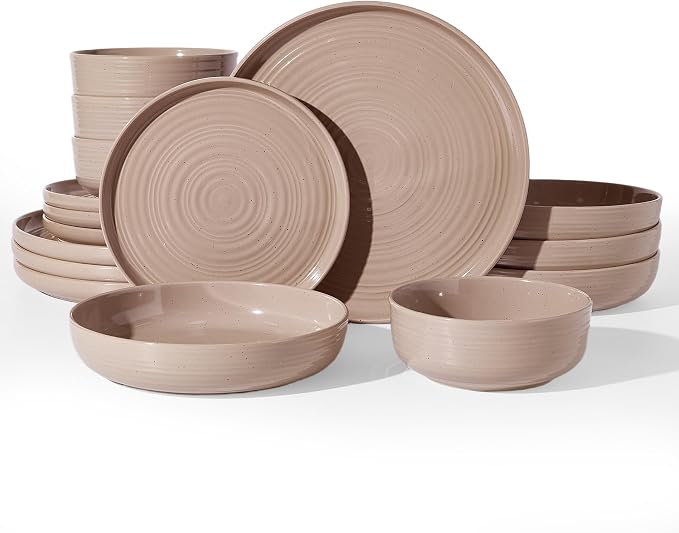 16-Piece Stoneware Dinnerware Sets for 4 with Pasta Bowls – Speckled Glaze with Spiral Design, Coupe Plates and Bowls - Chip & Scratch Resistant, Microwave & Dishwasher Safe, Brown
