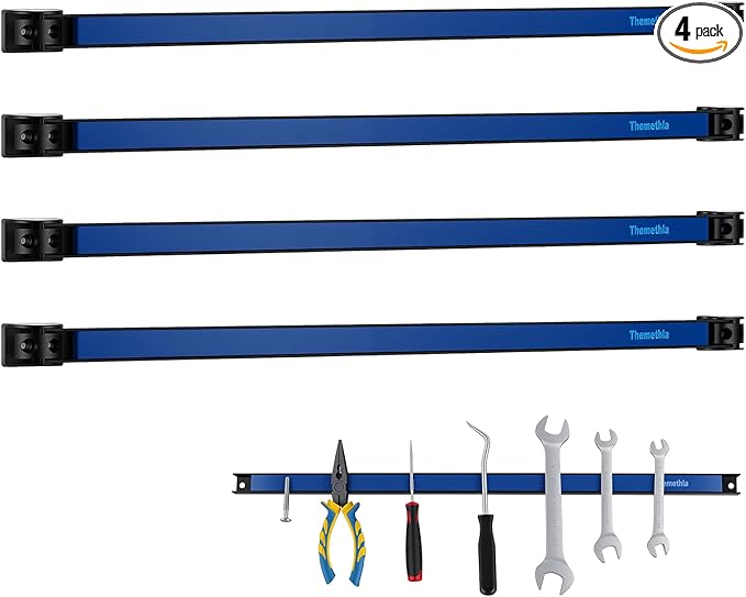 24" Magnetic Tool Holder Strip, 4 Pieces Blue Metal Tool Organizer Rack with Stainless Steel Surface, Magnet Bar for Garage Workshop, Easy To Install with Mounting Screws
