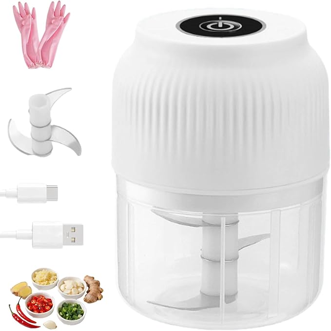 Household Electric Garlic Crusher, Electric Garlic Chopper, Usb Rechargeable Chopper With Stainless Steel Blades, One-Touch Mini Kitchen Helper, Easy To Clean, For Vegetables (White, 3 blades)