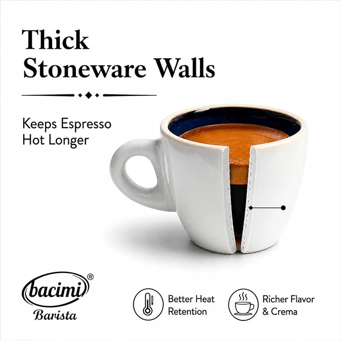 Bacimi® Espresso Cups and Saucers Set of 4 – 2.7oz Thick Barista Style Stoneware Cups - Blue Glaze Classic Italian Design - Ceramic Cups For Espresso, Macchiato, Doppio – Dishwasher & Microwave Safe
