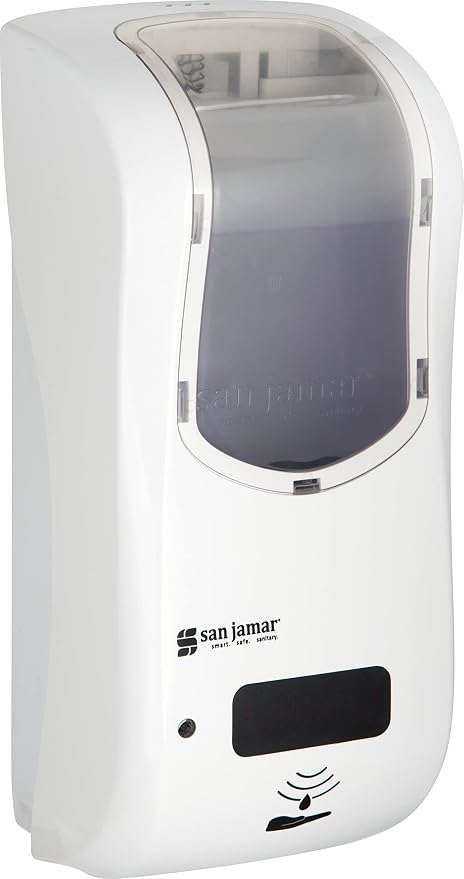San Jamar Hybrid Soap Dispenser – 875ml Dual Manual Touchless Mode Liquid Dispenser, Adjustable Portioning, Multi-Surface Install for Bathroom or Commercial Use, White/Clear
