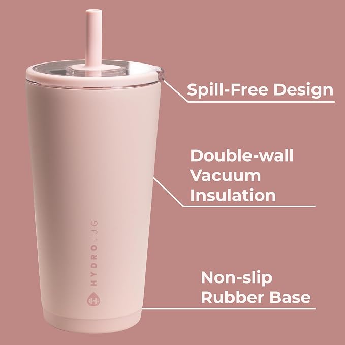 HydroJug Everyday Tumbler 20 oz, Ceramic-Lined Straw Cup, Dusty Rose