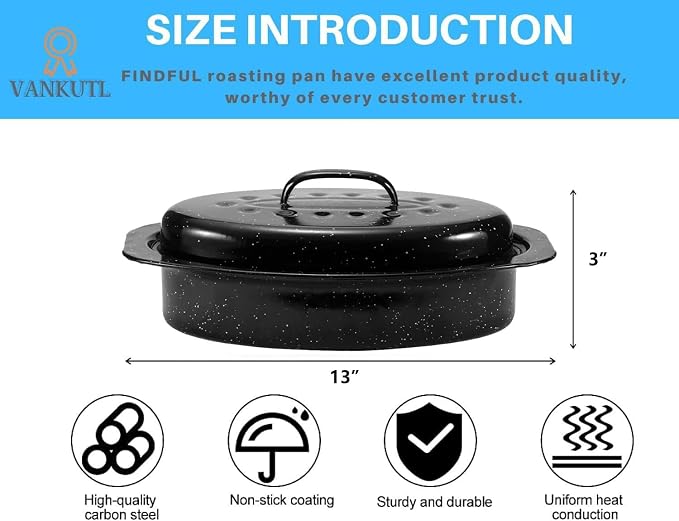 13 Inch Small Roasting Pan with Lid - Covered Oval Roaster - Enamel Carbon Steel Roaster Pot - Excellent Heat Distribution and Non-sticky - for Turkey Chicken Meat & Vegetables