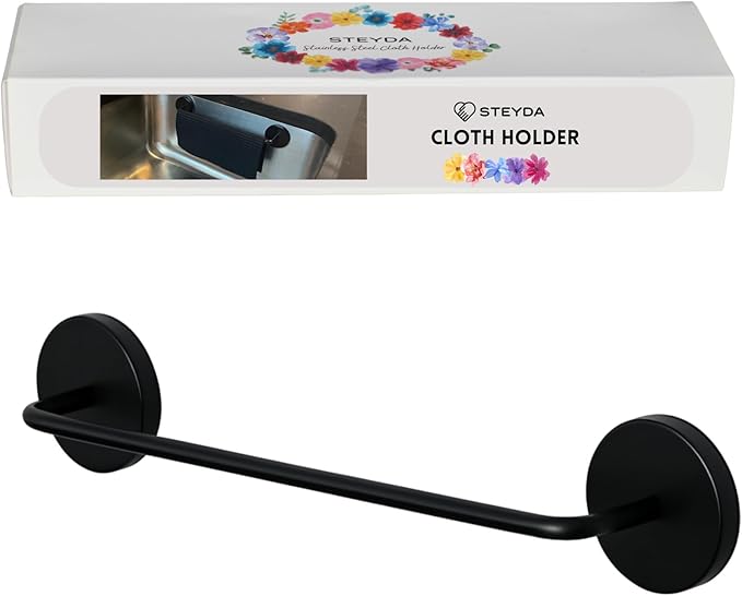 STEYDA Black Steel Dish Cloth Rail for Kitchen, Towel Holder for All Types of Sinks and Flat Smooth Surfaces