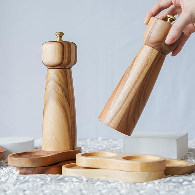 Salt Mill, Salt or Pepper Grinder with Adjustable Ceramic Grinding Core, Spice mill for Pepper and Salt, Acacia Wood, 8 inch/20.5 cm Height, Bottom DIA: 2.36 inch/6 cm(Tray is NOT Included)