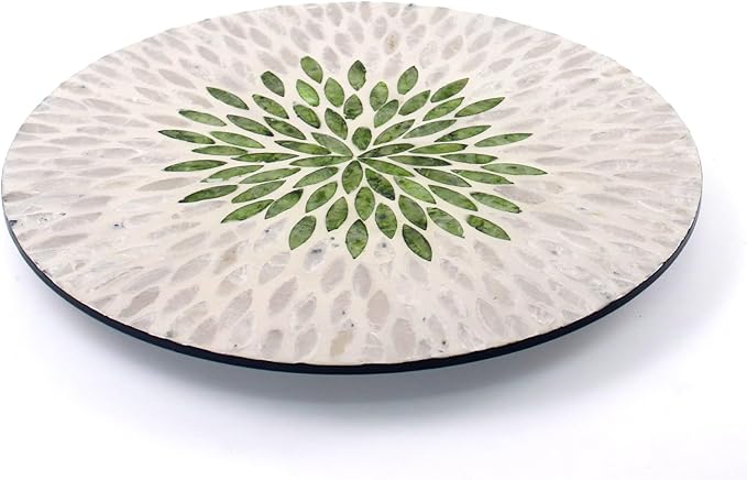 13.4" Mother of Pearl Lazy Susan, Table Centerpiece Round Shell Decorative Lazy Susan Turntable Rotating Tray Organizer for Cabinet Counter Gift Kitchen Office Cafe Home Decor (White Green)