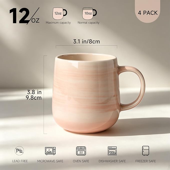 Coffee Mugs Set of 4, 12 oz Mugs Set, Ceramic Coffee Cups with Large Handles, Pastel Gradient & Striped Designs， Dishwasher and Microwave Safe Mugs for Coffee, Tea, Milk