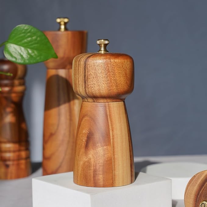 Salt Mill, Salt or Pepper Grinder with Adjustable Ceramic Grinding Core, Spice mill for Pepper and Salt, Acacia Wood, 5 inch/14 cm Height, Bottom Dia: 2.36inch/6 cm(Tray is NOT Included)