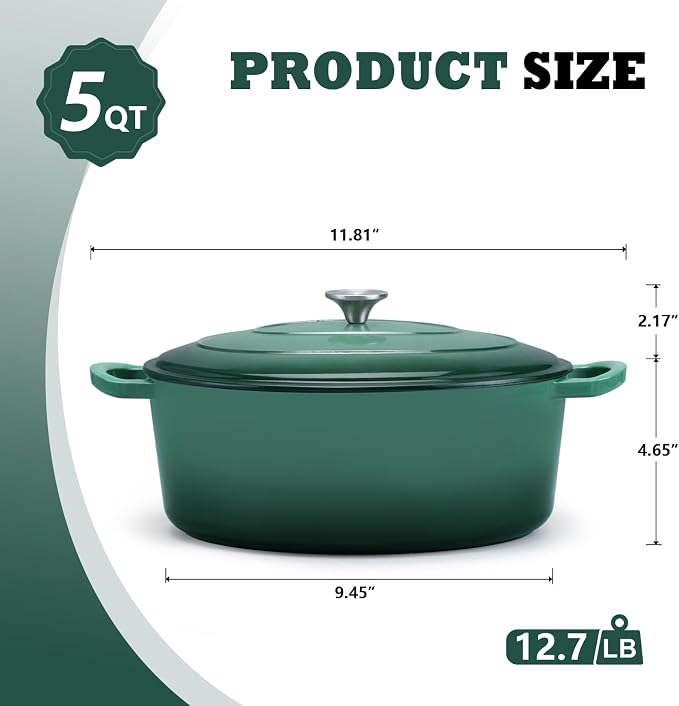 P&P CHEF Oval Dutch Oven with Lid, Enameled Cast Dutch Oven Pot for Bread Baking, Braising, Stewing, Roasting, Non-Stick & Oven Safe, Dual Handles & Easy Clean, 5QT & Dark Green, Valentine's Day