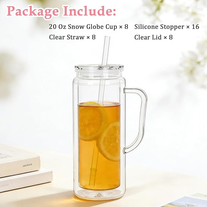 20 Oz Double Wall Acrylic Snowglobe Cups with Handle, 8 Pack Clear Plastic Mason Jar Snowglobe Tumbler with Pre Drilled Hole and Plug for DIY Glitter Gifts (Clear)