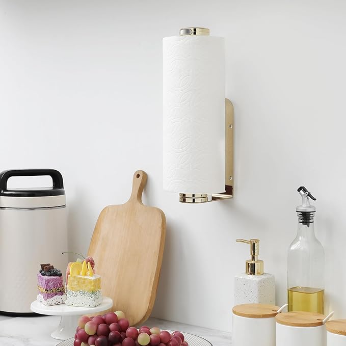 theaoo Paper Towel Holder Under Cabinet, One-Handed Tear Wall Mount Paper Towel Holder Dispenser with Damping Function for Kitchen Organization, Stainless Steel, Self-Adhesive or Drill mounting, Gold