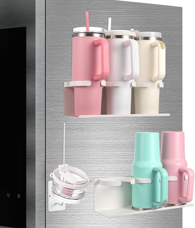 Magnetic Cup Holder Compatible with Fridge Magnetic Tumbler Holder Tumbler Lid Organizer for Refrigerator Compatible with Cup 30&40 oz Water Bottle Rack Accessories(White)