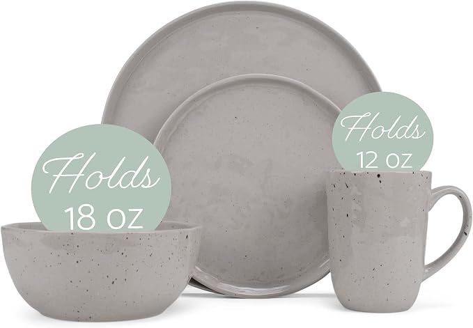 Elanze Designs Shiny Speckled Western Country Style Ceramic Plates Bowls Mugs Dinnerware 16 Piece Set - Service for 4, Grey
