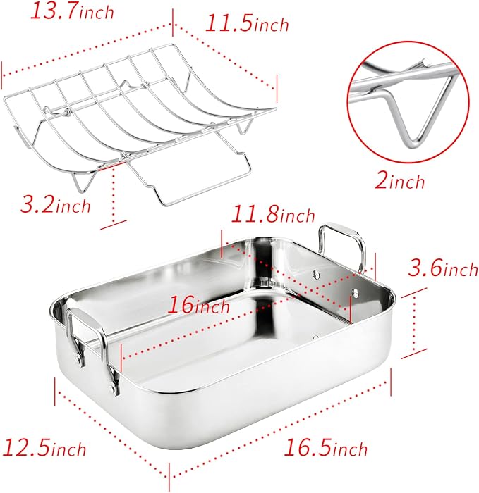 JY COOKMENT Roasting Pan with Baking Rack, 16.5 Inch Stainless Steel Turkey Roaster with Rack, Baster. Great for Turkey, Chicken, Ham, Vegetables