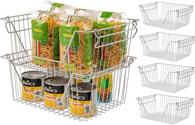 Stackable Wire Metal Baskets Storage Bins Fruit Vegetable Organization Pantry Cabinet Metal Bin for Kitchen Pantry Freezer Cabinet, Set of 6