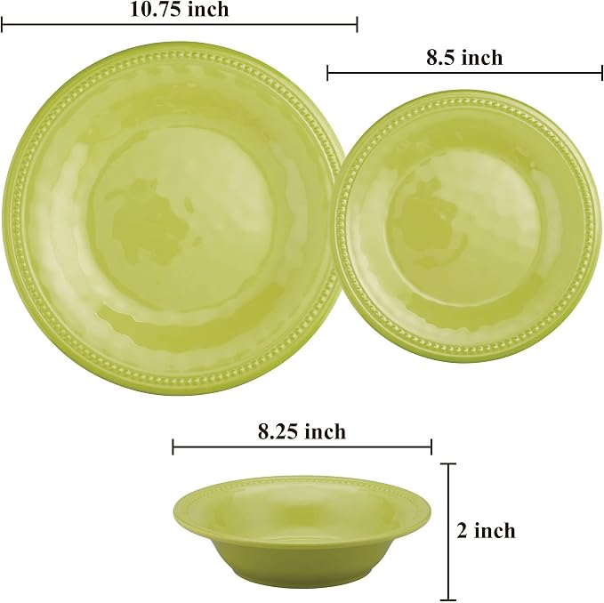 UPware 12 Piece Beaded Melamine Dinnerware Sets, Outdoor Dishes Set, Plates and Bowls Sets, Service for 4, Green