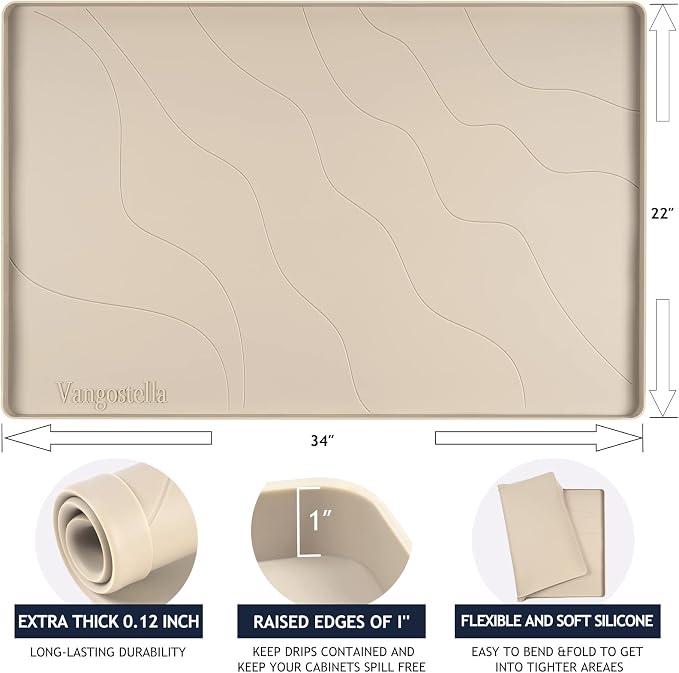 Heavy Duty Silicone Under Sink Mats for Kitchen Waterproof 40" x 22", Extra Thick Under Sink Rubber Mat Drip Tray, Raised Edge Under Sink Liner,Prevent Drips, Leaks, Spills,Beige
