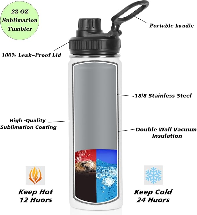 Draheri Sublimation Sports Water Bottle Blanks Bulk, 22 oz Sublimation Tumblers, Stainless Steel Double Wall Insulated Sublimation Cups with Portable Handle, Individually Boxed (8 Pack)