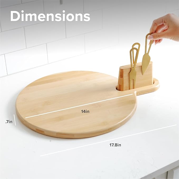 Premium Charcuterie Board Set – Kitchen Edge Round Bamboo Cheese Serving Board with Handle & Magnetic Utensil Block, 18in x 14in, Includes 3 Gold Cheese Utensils, Perfect for Entertaining & Gifting