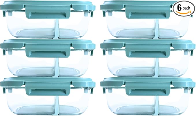 Neoflam 12-Pieces Airtight Kitchen 2 Compartment Storage, Oval Bento Glass Food Container with Vent, Microwave Meal Prep Canister, Dishwasher and Oven Safe (37 oz / 1.1 Liter / 4.6 cups)