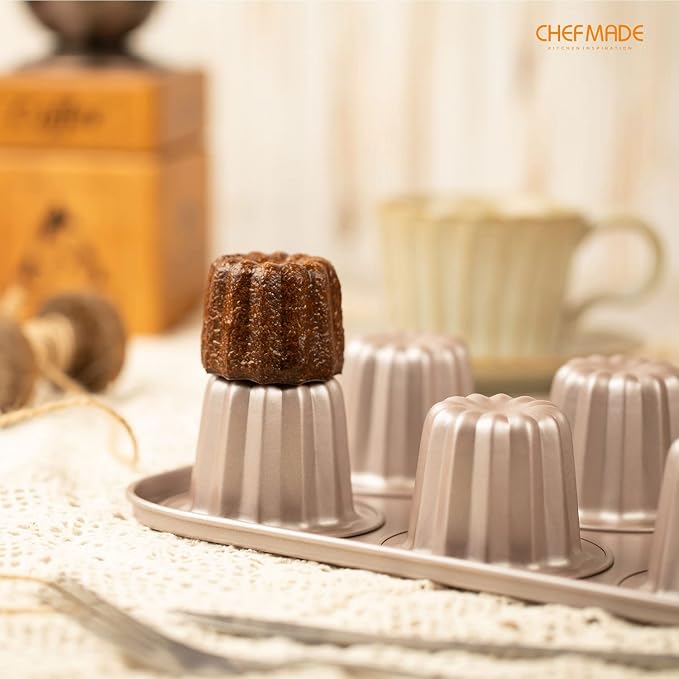 CHEFMADE Canele Mold Cake Pan, 6-Cavity Non-Stick Canele Muffin Bakeware Cupcake Pan for Oven Baking (Champagne Gold)