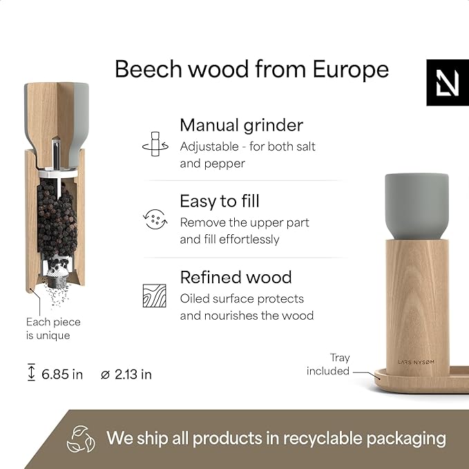 LARS NYSØM Wooden Salt and Pepper Grinder Set Manual with Tray - Salt and Pepper Mills with Adjustable Ceramic Grinder - Elegant Beechwood Pepper and Salt Mill Set for Dining Table (Ash Gray)
