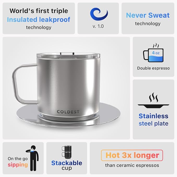 Stackable Insulated Espresso Cup with Saucer by Coldest - Insulated Triple Wall Travel Stainless Steel Travel Double Shot Espresso Coffee Mug with Sliding Lid (4 oz, Polished Stainless Steel)