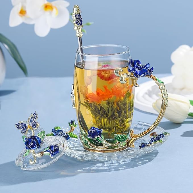 Glass Coffee Mug Birthday Christmas Gift for Women Mom Sister Girlfriend Coworker Flower Butterfly Tea Cup Antique Coffee Mug with Lid Spoon Saucer(Tall Blue)