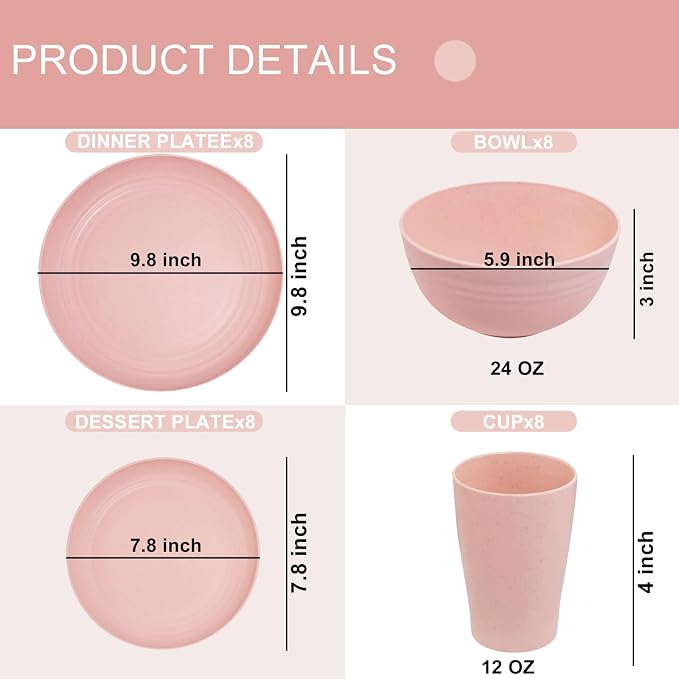 Supernal 32Pcs Pink Plates and Bowls Sets for 8, Unbreakable Dinnerware | Lightweight reusable wheat straw pink dishes set. Shatterproof pastel camp plates & bowls for college dorm, RV, or picnics.