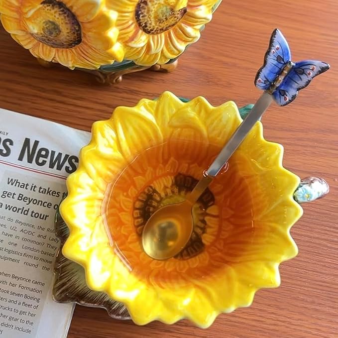 Ceramic Coffee Mug & Saucer Set, 3D Sunflower & Leaf, 6oz | Hand-painted, Handmade, Includes Spoon, Birthday Gift for Women