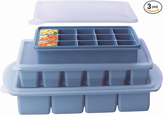 3-Pack Silicone Freezer Trays with Lid,4 Large 1-Cup(250ml)&6 Medium 1/2-Cup(125ml)&15 Small 2 Tbsp(30ml) Soup Freezer Container Molds,Ice Cube Tray For Meal Prep&Freezing Soup,Herbs (Blue 3 Pack)
