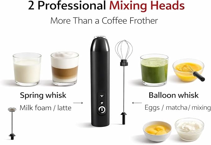 Milk Frother Handheld for Coffee – Electric Matcha Whisk & Drink Mixer, Foam Maker for Latte, Cappuccino, Bulletproof Coffee, Portable Stainless Steel Frother for Home, Office & Travel (White)