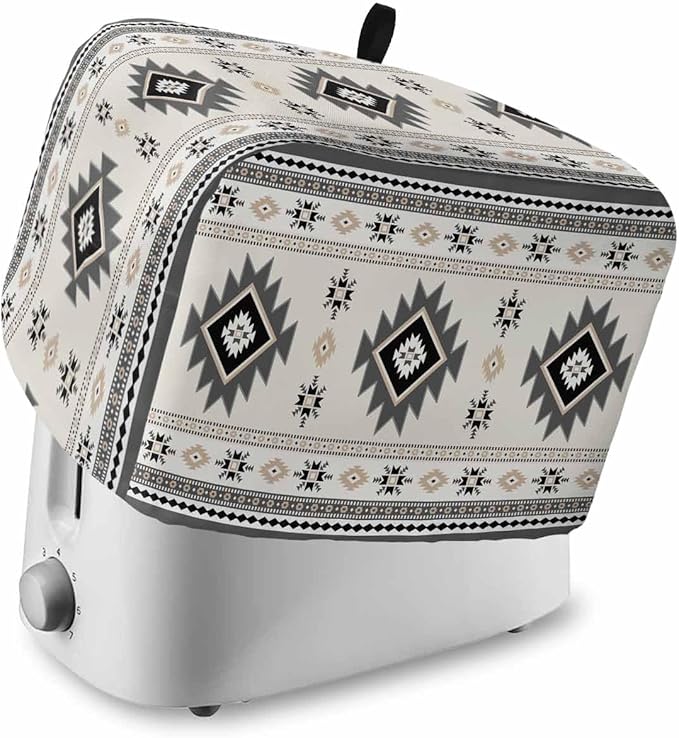 Gray Beige Boho Toaster Cover 2 Slice, Ethnic Tribe Vintage Dustproof Bakeware Oven Protector with Top Hook, Southwestern Waterproof Small Kitchen Appliance Toasters Dust Cover, 11"x6"x8"