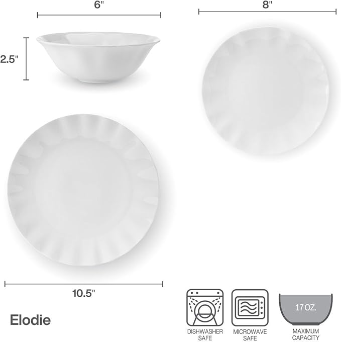 Mikasa Elodie Scalloped 12 Piece Bone China Durable Chip Resistant Lightweight Dinnerware Set, Service for 4, White