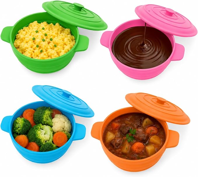 Bakerpan Silicone Microwave Egg Cooker, 4.75" x 1.75" Small Microwave Bowl with Lid, Mini Collapsible Silicone Egg Poacher, 1 1/2 Cup Capacity - Set of 4