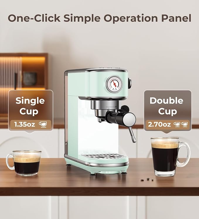 atatix 20 Bar Espresso Machine with Milk Frother, Compact Espresso Maker, Stainless Steel Coffee Machine with Precise Temp Control & 44oz Removable Water Tank for Latte, Cappuccino, Light Green