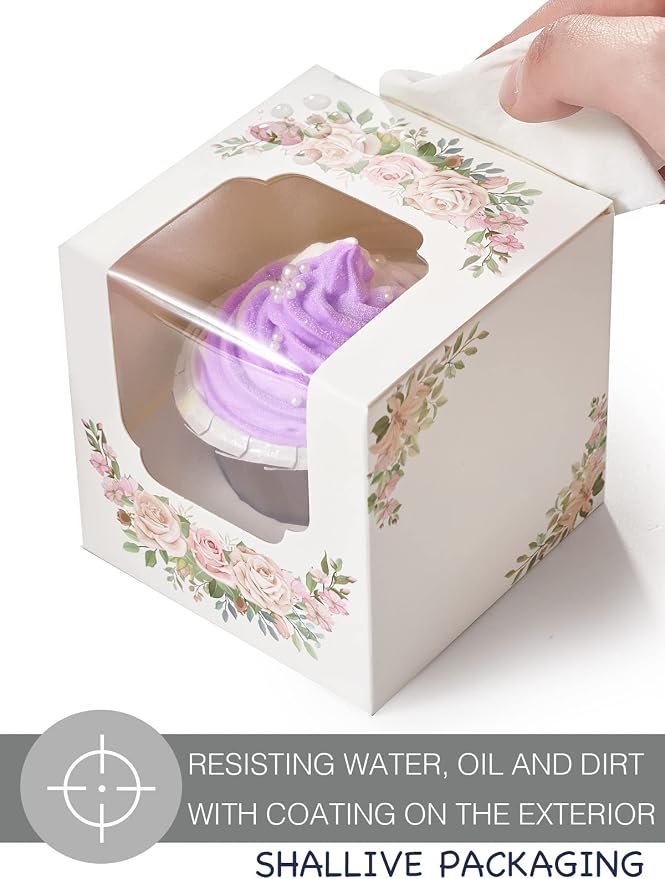 Mother's Day Flowers Cupcake Boxes Individual 100 PCS with Insert and Window, 3.5" Floral Pink White Wedding Single Cupcake Containers for Mothers day Treat Gift Packaging