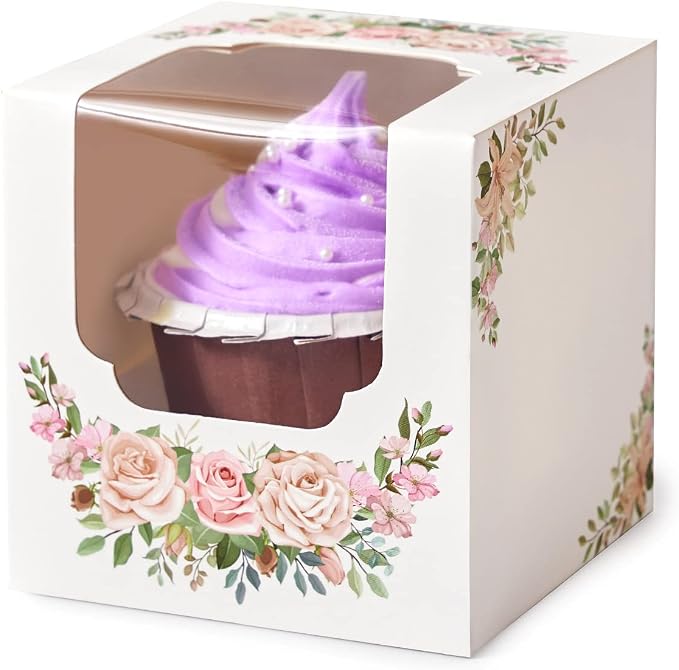 Mother's Day Flowers Cupcake Boxes Individual 100 PCS with Insert and Window, 3.5" Floral Pink White Wedding Single Cupcake Containers for Mothers day Treat Gift Packaging