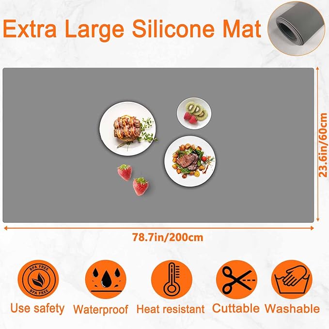 Extra Large Silicone Mat 78.7''x23.6''(200cmx60cm), Large Silicone Mats for Kitchen Counter, Multipurpose Heat Resistant Mat, Waterproof Placemat for Countertop Protector, Black