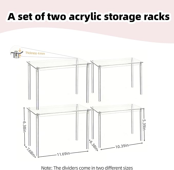 Clear Acrylic Cabinet Organizer, 4-Pack Stackable Shelf Riser for Kitchen Pantry & Countertop, Tiered Spice Rack Organizer for Cabinets, Dishes, Spices & Storage