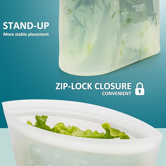 Small Reusable Silicone Food Storage Bags 4 Pack, 33fl oz/1000ml, 100% Silicone Stand-Up Wide-Open Zip-Lock Reusable Bags for Small Items, Microwave Freezer Oven Dishwasher Safe, Translucent