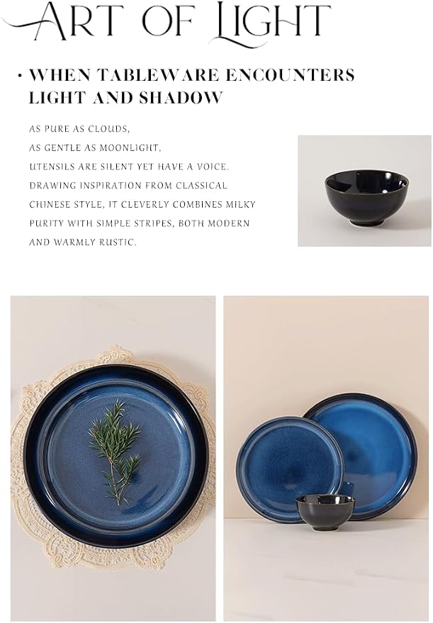 4-piece set, ceramic, natural active glaze plate and bowl set, microwave and dishwasher compatible tableware set, shatterproof and scratch resistant dinner set, irregular edge design, blue