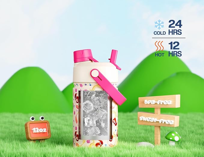 POWCAN 2 Pack 12 oz Kids Insulated Water Bottle for School: Leakproof, 2-in-1 Straw Spout Lid, BPA-Free, Keep Cold 24 Hrs, Stainless Steel Cup for Sports, Travel, Gift for Girls Boys Daughters Sons